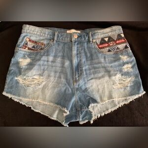Garage Festival Shorts Distressing Aztec Detailing Light Wash Denim Size 13